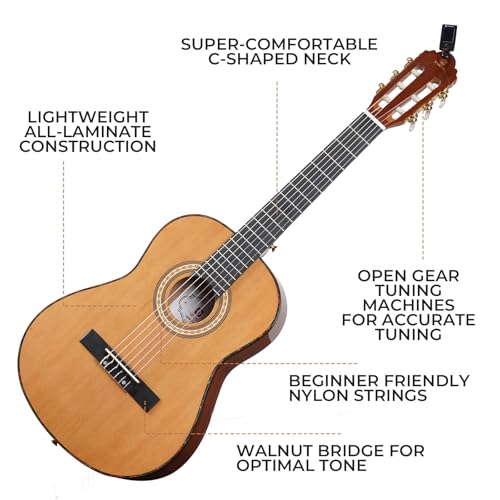 Classical Guitar Full Size 4/4 Spanish Style Classical Guitarra, 39 Inch Nylon Strings Guitar Ideal for Beginner Adults, Solid Cedar Top, by Vangoa