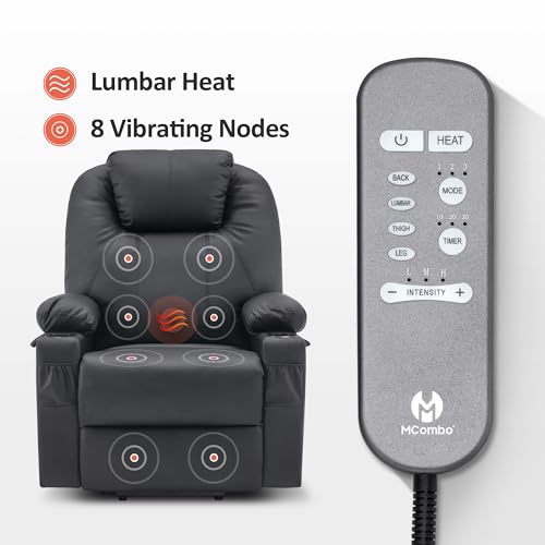 MCombo Power Lift Recliner Chair for Elderly, Lift Chair with Heat and Massage, FSC Certified, USB Ports, Cup Holders, Faux Leather 7040 (Black, Medium)
