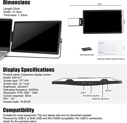 14inch Laptop Screen Extender - 360° Rotatable Attachable Portable Monitor for Laptop TFT USB Laptop Dual Screen, Plug and Play for Mac, PC, & Chrome