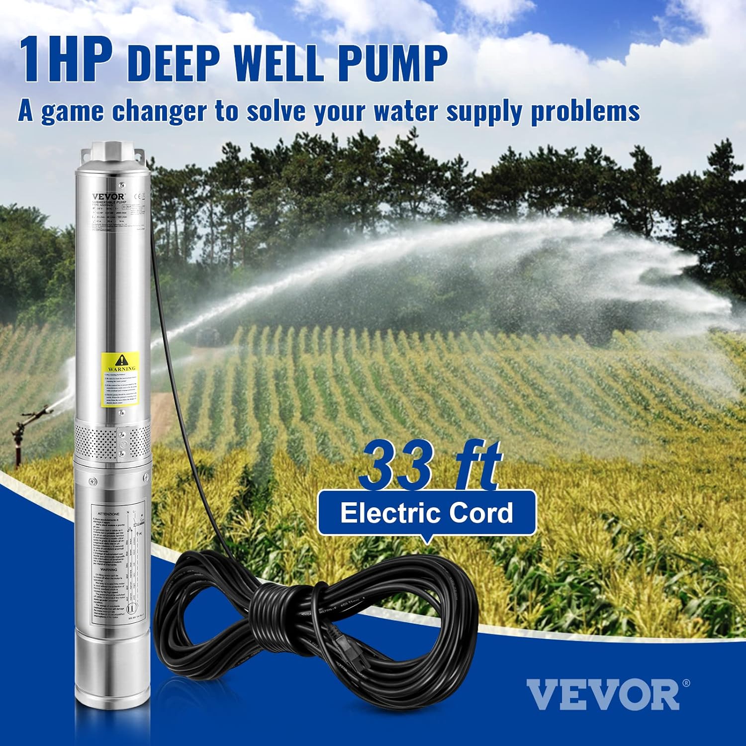VEVOR Deep Well Submersible Pumps, 1HP 37gpm 207ft and 0.5HP 28gpm 167ft Head, 4" Stainless Steel Water Pumps