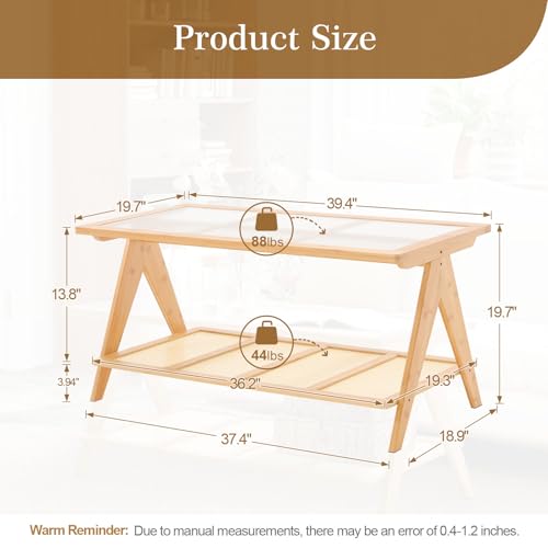 2-Tier Rattan Glass Coffee Table, Boho Bamboo Coffee Table with Glass Top & ABS Rattan Storage Shelf, Mid Century Modern Center Rectangle Coffee Table for Living Room, Small Space, Natural