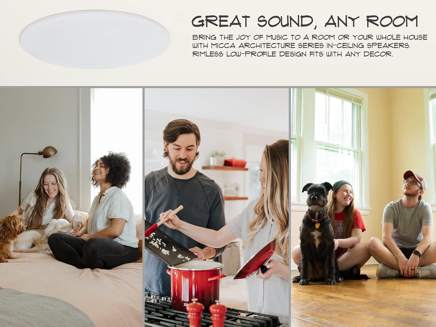 Micca 8 2-Way in Ceiling or Wall Round Speakers, 4 Pack, 8 Inch Woofer, 9.75 Cutout Diameter, Low Profile Rimless Design, for Indoor Rooms or Covered Outdoor Porches, White, Paintable