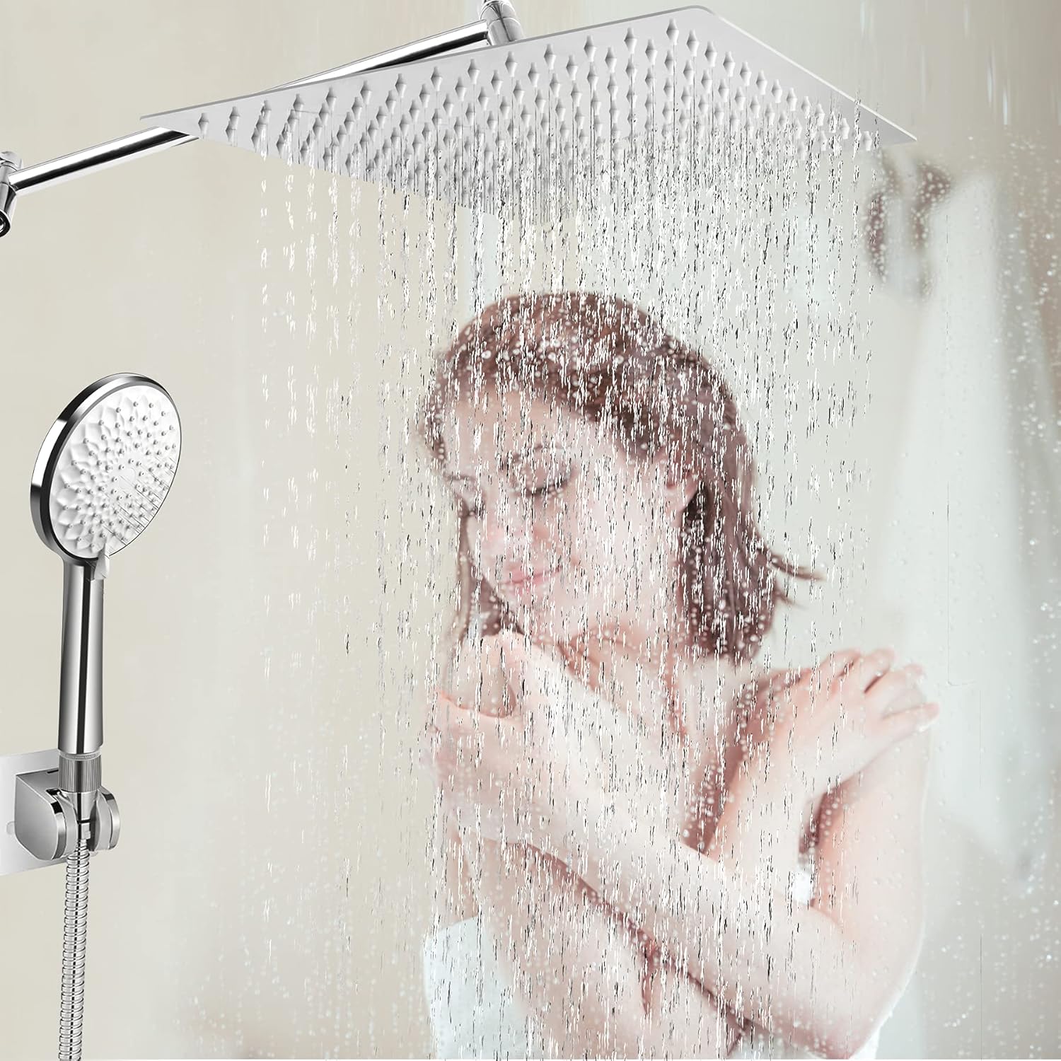 12 Inch Square Rain Shower Head with Handheld Shower Combo, High-Pressure Rainfall Shower Head with 13.5" Extension Arm, 6-Setting Handheld Showerhead with Hose & Holder (12") Pack of 2