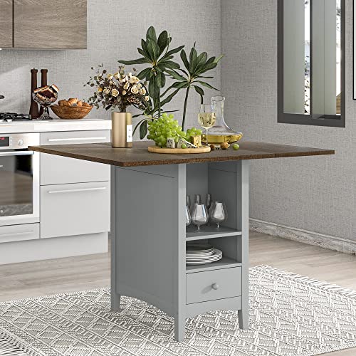 Counter Height Wood 5-Piece Dining Table Set with Drop Leaf, Space-Saving Kitchen Table Set with Wine Rack and Drawers, Rectangular Dining Table & 4 Chairs, Cherry+Gray