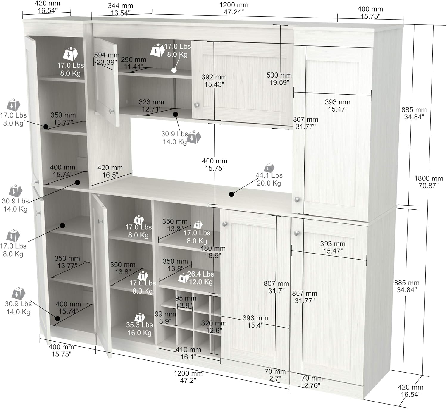 Inval Shaker Style 4-Piece Buffet Storage System with 2 Tall/Slim Cabinets, Washed Oak