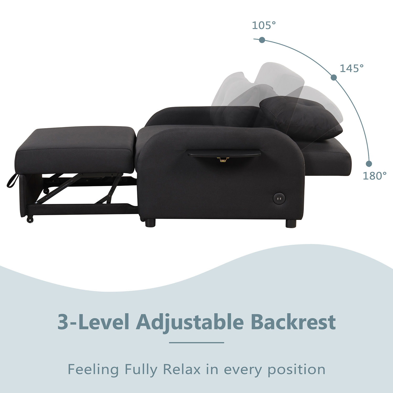Churanty Sofa Bed Chair 3 in 1 Convertible Lounger Sleeper Single Recliner for Small Space with Adjustable Backrest,2 Wing Table Side Pocket and USB Charge,Black