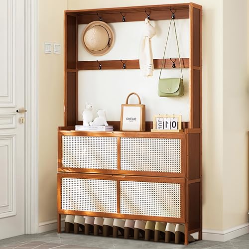 Bamboo Hall Tree with Shoe Storage, Bamboo Shoe Cabinet for Entryway, 14 Shoe Cubbies & 8 Coat Hooks, Freestanding Shoe Rack Coat Rack with Storage Shelves, 8 Hooks for Hallway, Bedroom, Rustic Brown