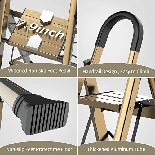 SOLADDER 5 Step Ladder, Folding Step Stool, Lightweight Aluminum Foldable Black Ladder for 10 Foot High Ceiling with Anti-Slip Wide Sturdy Pedal and Handgrip, Multi-Use for Home (300 lbs Capacity)