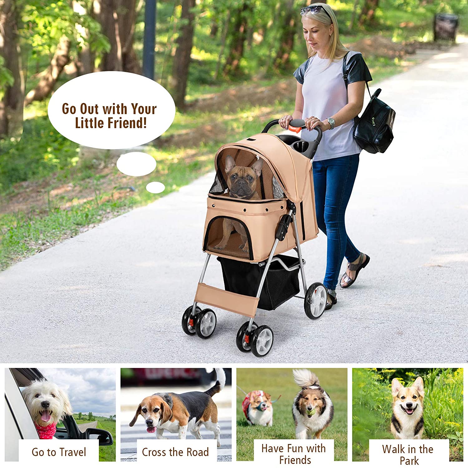 Folding Dog Stroller, Pet Stroller for Small Medium Dogs Cats Puppy, 4 Lockable Wheels Cat Stroller Travel Carrier Strolling Cart with Safety Belt, Removable Liner and Storage Basket (Navy)
