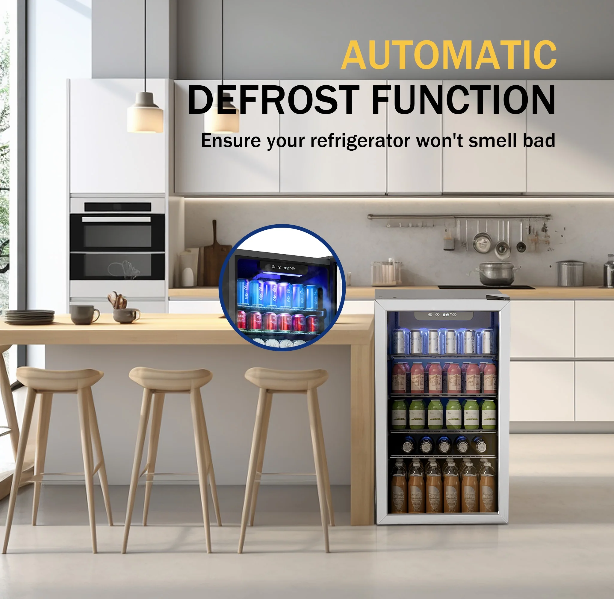 Simzlife 126 Can Beverage Refrigerator and Cooler with Glass Door for Home, 17.5 in D, 31.5 in H, Silver