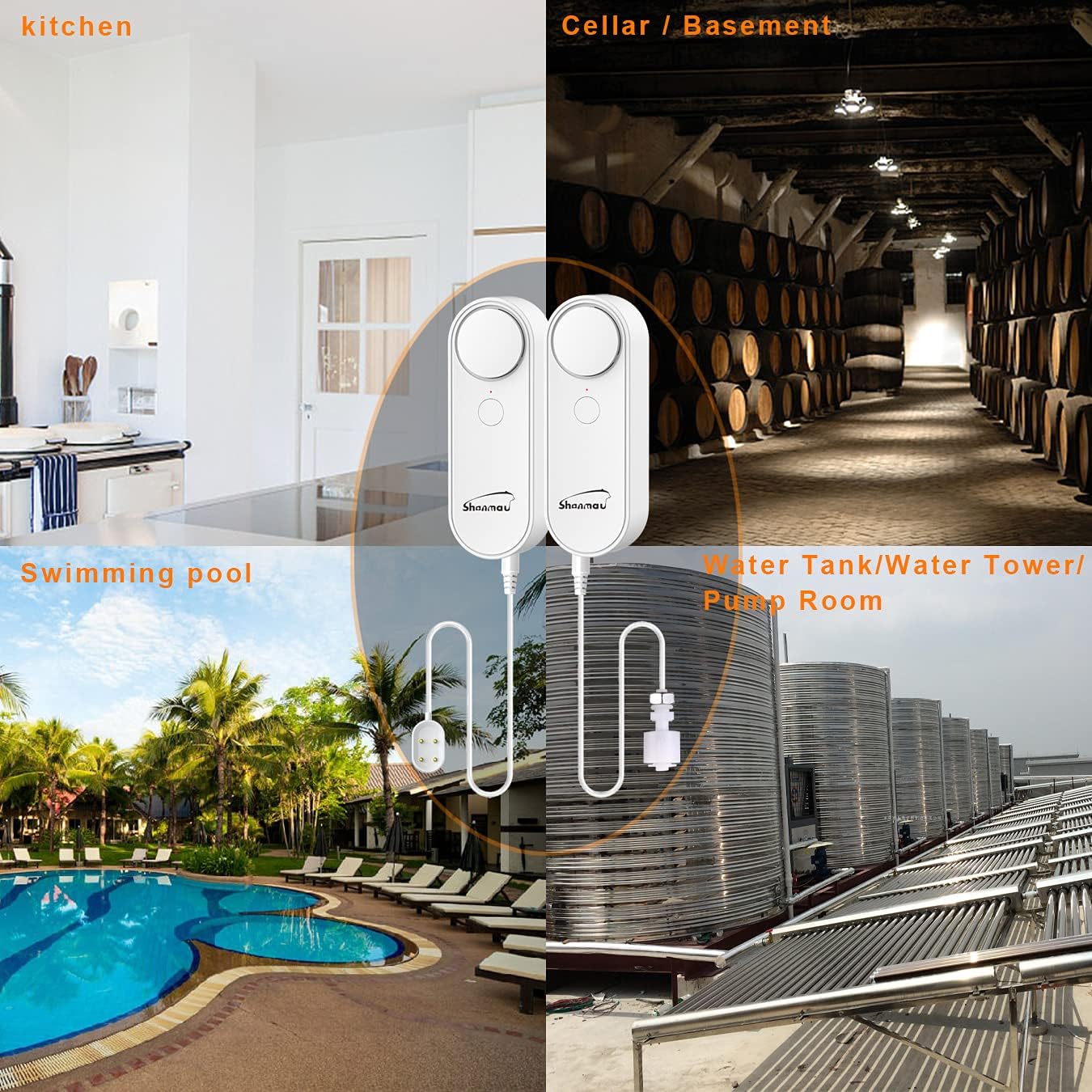 Water Level Detector WiFi, Smart Water Leak Sensor Alarm Kit - High/Low/Leakage Sensor Device, 2 Sensors & 1 Hub, Communication Distance Between Detector and Hub in Open Area is 328 Ft, App Free