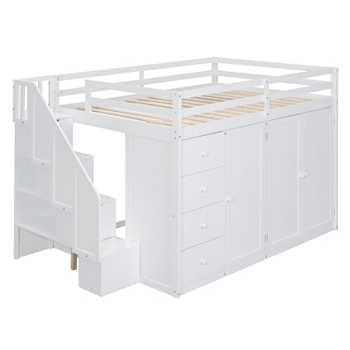 Full Size Loft Bed with Stairs and Wardrobe, Wood Loft Bed Frame with Storage Cabinet, Open Closet and Drawers, Adults Loft Beds with Hanging Rod & Shelves for Kids, Teen, Gray