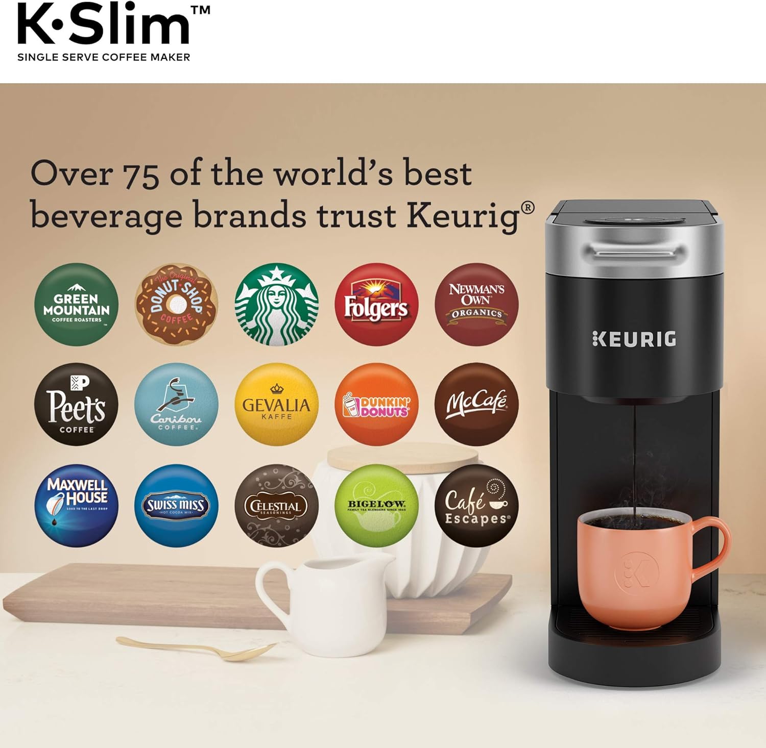 Keurig K-Slim Single Serve Coffee Maker with Folgers Black Silk Dark Roast Coffee, 72 K-Cup Pods