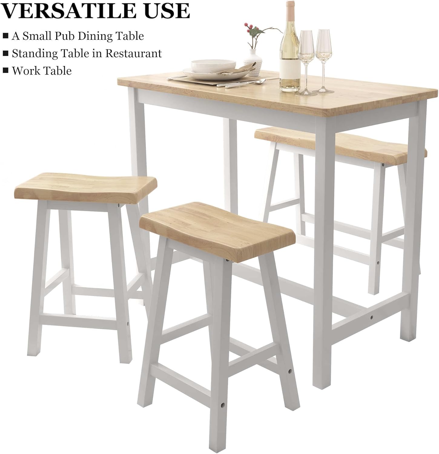 Modern Bar Dining Table Set for 4 All Rubber Wood Kitchen Bistro Counter Height Table Bench Stool for Dining Room Small Space Natural Color & White