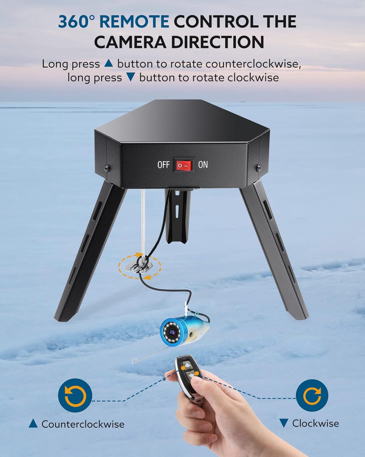 Eyoyo Underwater Fishing Camera Positioner 360° Degree Rotation Tripod for Ice Fishing w/ Remote Control Metal Housing, Applicable to Ice Holes Smaller Than 10 inch