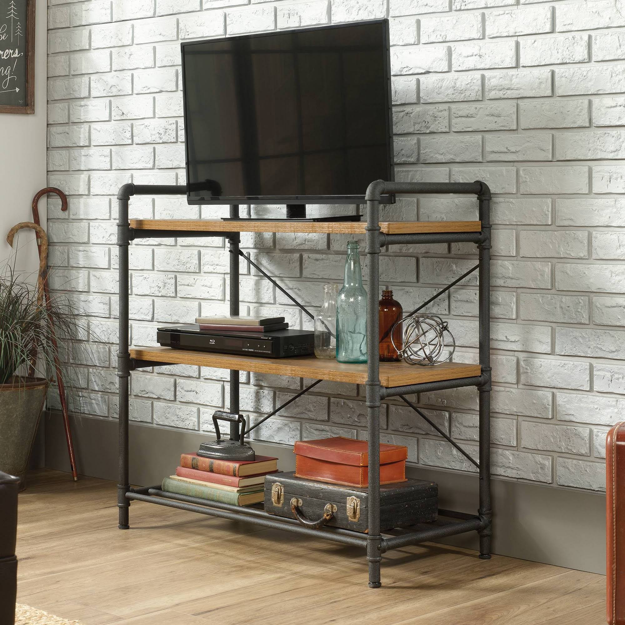Sauder Iron City Anywhere Console Table, Checked Oak
