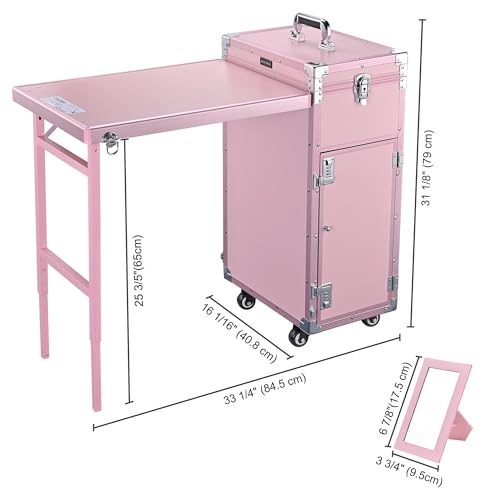 BYOOTIQUE Masslux Foldable Rolling Manicure Table Nail Desk Makeup Train Case with 4 Drawers Mirror & Speaker, Pink