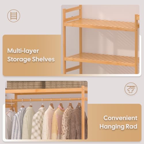 Cozivolife Over The Washer and Dryer Storage Shelf Bamboo,5 Tiers Laundry Room Drying Rack with Adjustable Shelves and 4 Hooks,Space Saver Organizer for Hanging Clothes and Towels