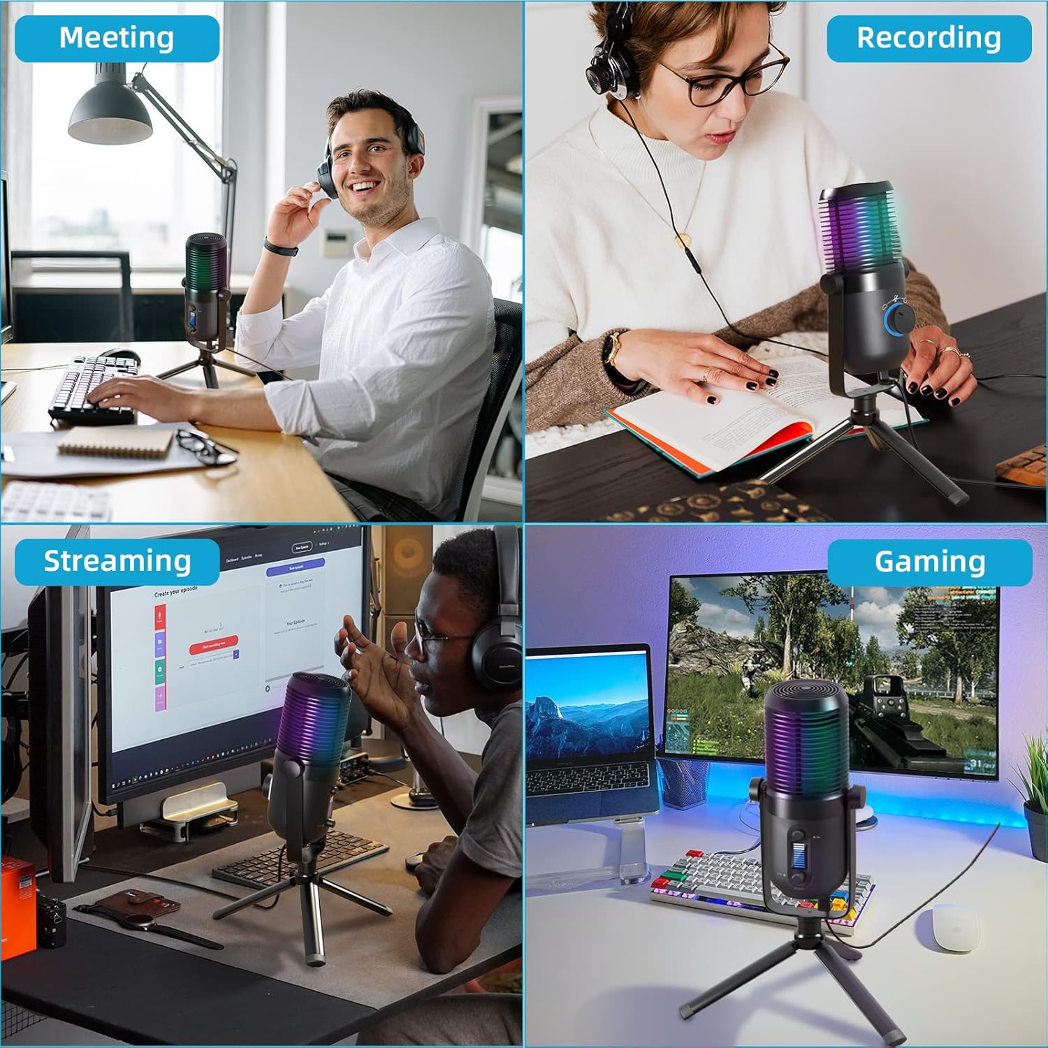 USB Microphone for PC, RGB Gaming Desktop Microphone Condenser Mic with Tripod Stand for Streaming, Studio Recording, Podcast, Computer Cardioid Condenser mic Compatible with Flexible Boom Arm Stand… Pack of 2