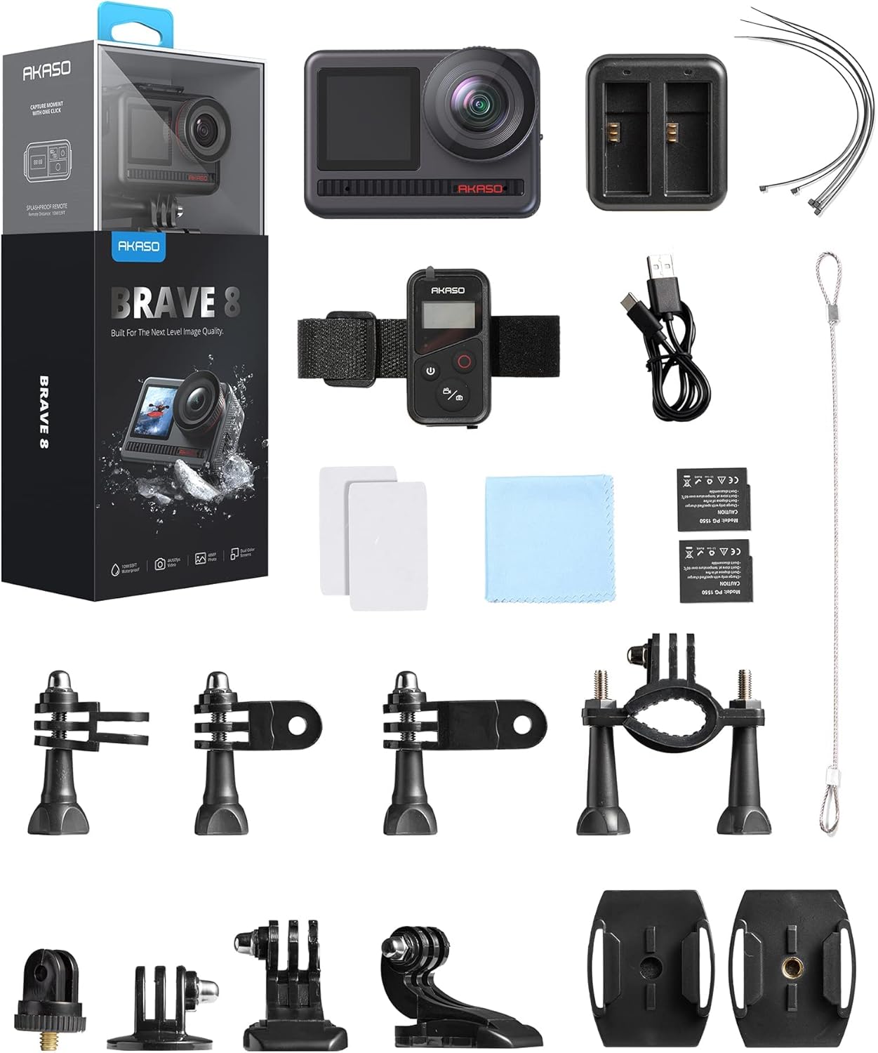 AKASO Brave 8 4K60FPS Action Camera, 48MP Photo Touch Screen Waterproof Super Wide Angle 16x Slo-mo SuperSmooth Stabilization Underwater Camera with Remote Control Helmet Accessories