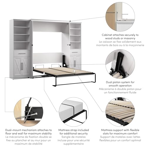 Bestar Key West Full Murphy Bed and Closet Organizers with Doors and Drawers (113W) Space-Saving Sleeping Arrangement for Multipurpose Area, Bedroom, Guest Room, or Living Room in Pure White Oak