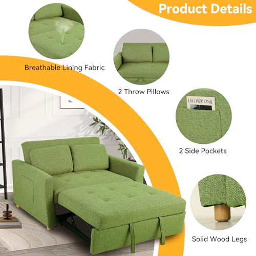 49" 2-Seater Loveseat Futon Sofa, 3-in-1 Convertible Sofa Bed, Linen Fabric Sleeper Couch Pull Out Bed with Spring Support,Adjustable Backrest, 2 Pillows for Living Room