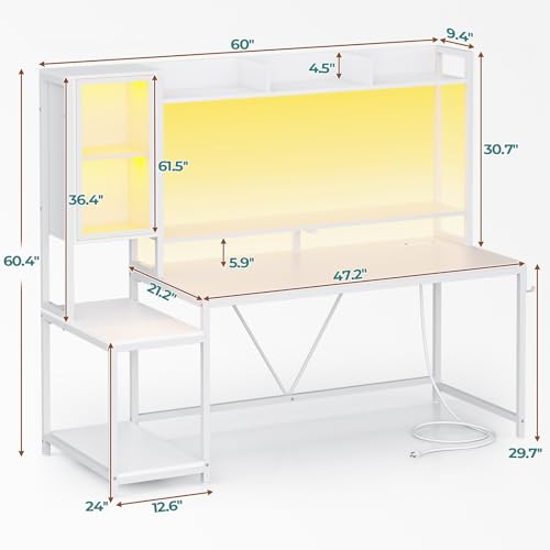 SEDETA Gaming Desk, 60'' Gaming Desk with Hutch and LED Lights, Computer Desk with Storage Shelves, Large PC Gamer Desk with Display Cabinet, Monitor Stand, Power Outlet for Home Office, Rustic Brown