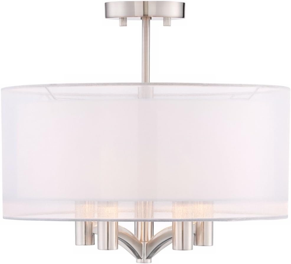 Possini Euro Design Caliari Modern Ceiling Light Semi Flush Mount Fixture Brushed Nickel 18" Wide 5-Light Sheer Silver White Linen Double Drum Shade for Bedroom Kitchen Living Room Hallway Bathroom