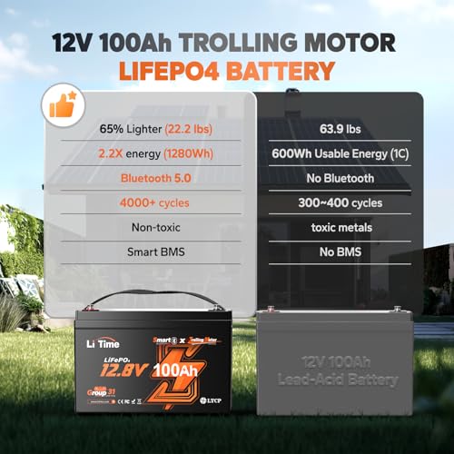 LiTime 12V 100Ah Trolling Motors Lithium Battery, Group 31 Bluetooth LiFePO4 Battery | Low-Temp Protection | 100A BMS | Bluetooth 5.0 | Perfect for Marine, Boat, RV, Home Energy Storage