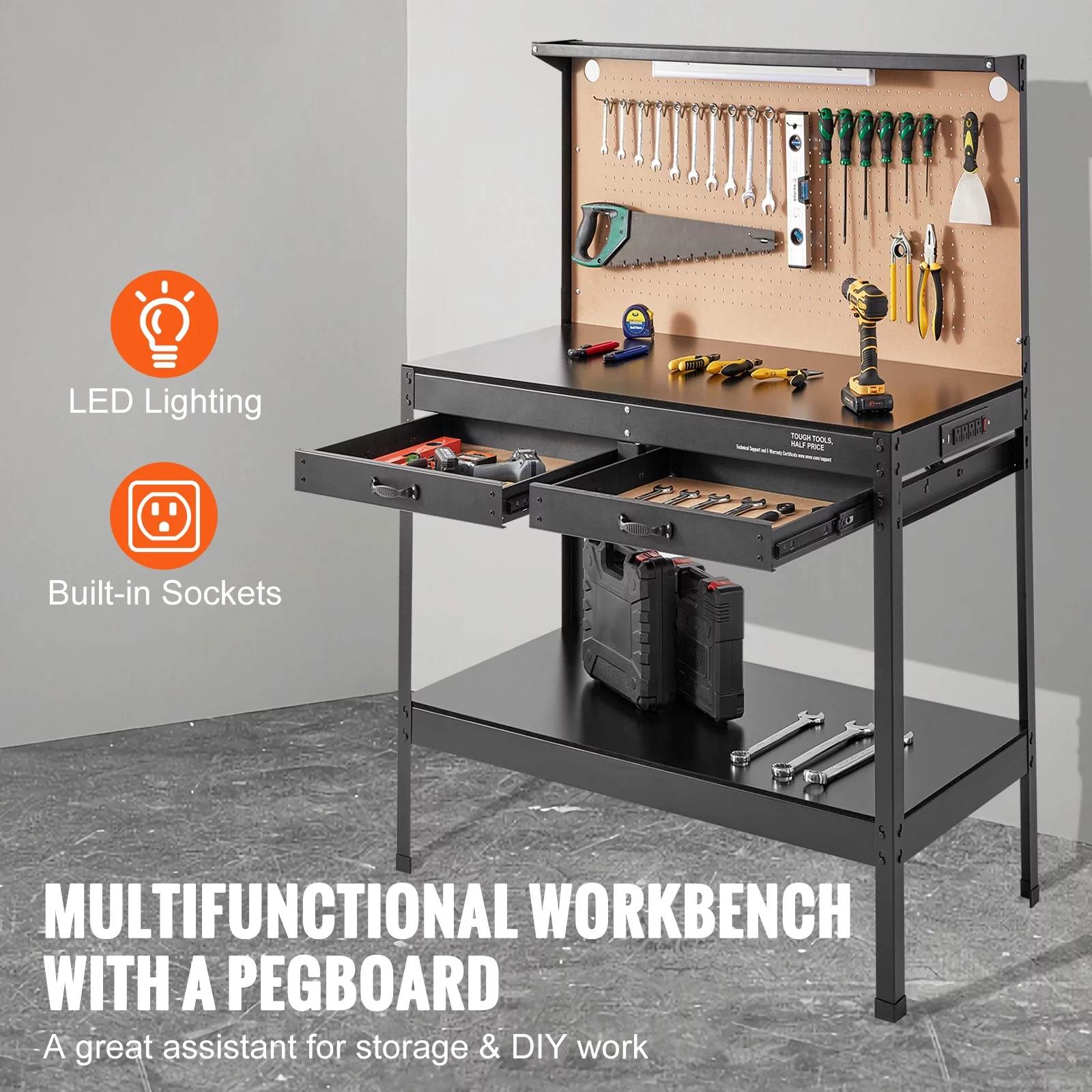 BENTISM Multifunctional Workbench 48x24" with Pegboard Worktable w/ Power Outlets, A3 Steel Work Bench For Garage max. 1500W Heavy Duty Workbench 220lbs Weight Capacity