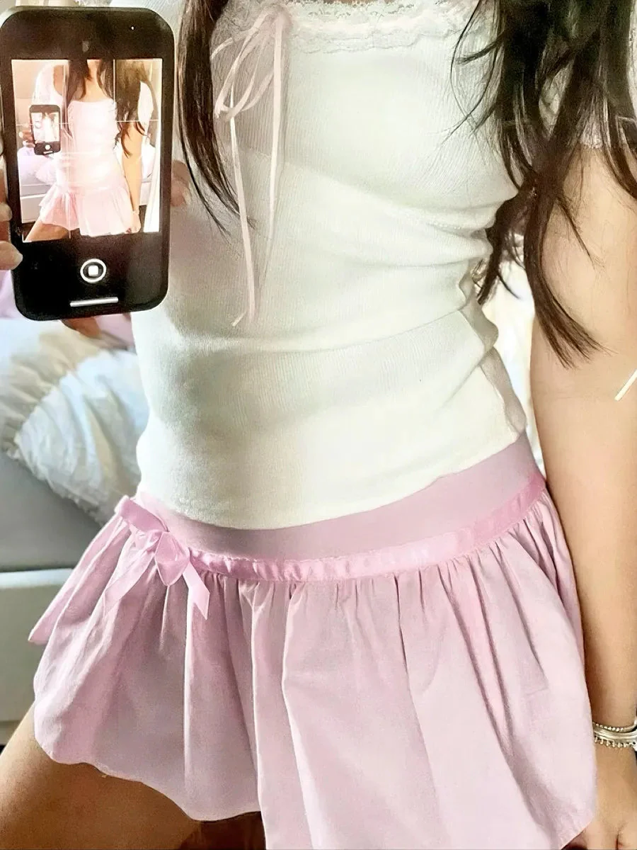 'Pink Rose' Coquette Ruffle Ribbon Pleated Skirt