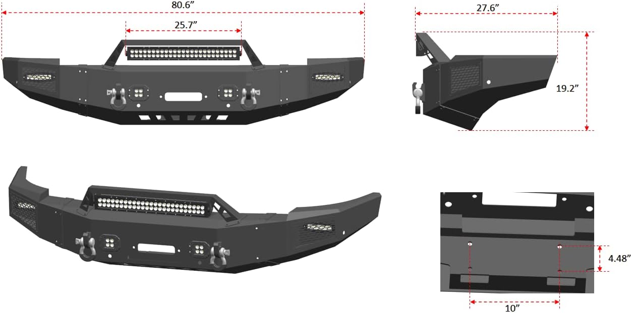 Ronghui Silverado Front Bumper Textured Black w/Winch Plate and 4x20W LED light and 1x144W Light Bar and 2xD-Rings for 2007-2013 Chevrolet Silverado 1500