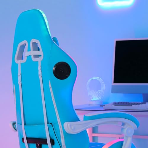 HOFFREE Gaming Chair Massage with Bluetooth Speakers and Led Lights Ergonomic Computer Gaming Chair with Footrest RGB Video Game Chair with High Back Lumbar Support Blue and Black