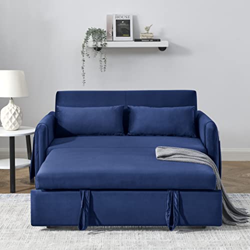 Pull Out Sofa Bed, Velvet Sleeper Sofa Loveseat Sofa Bed, Futon Sofa Bed Lounge Sofa with Reclining Backrest, Toss Pillows, Pockets, Convertible Sleeper Sofa Bed-Black