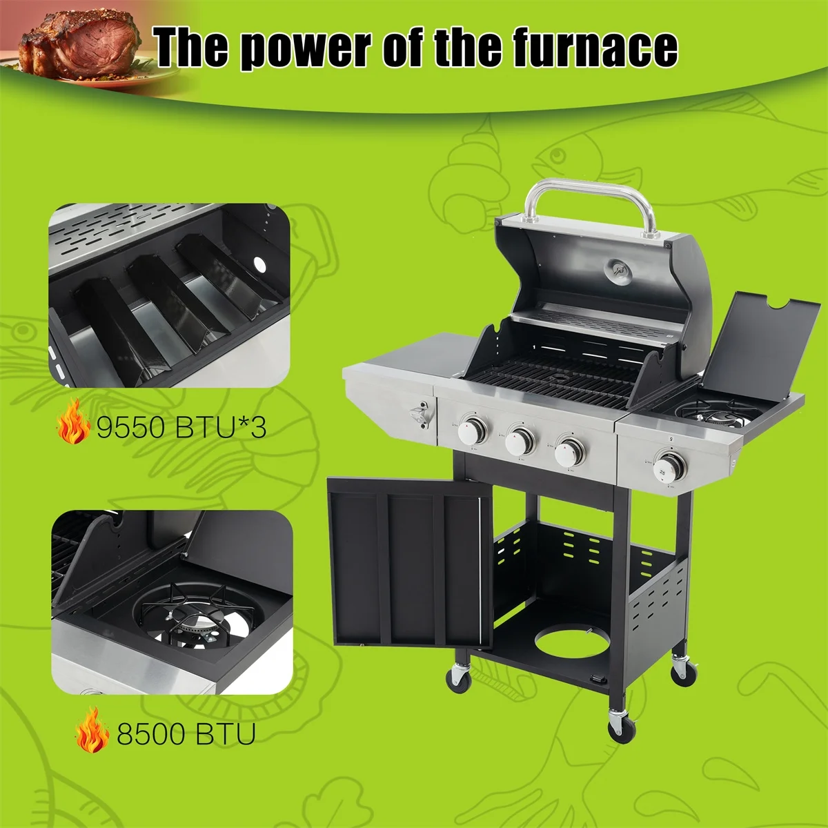 Highsound 3 Burner BBQ Propane Gas Grill with Side Burner, Stainless Steel 37,150 BTU Patio Garden Barbecue Grill with Thermometer, Black