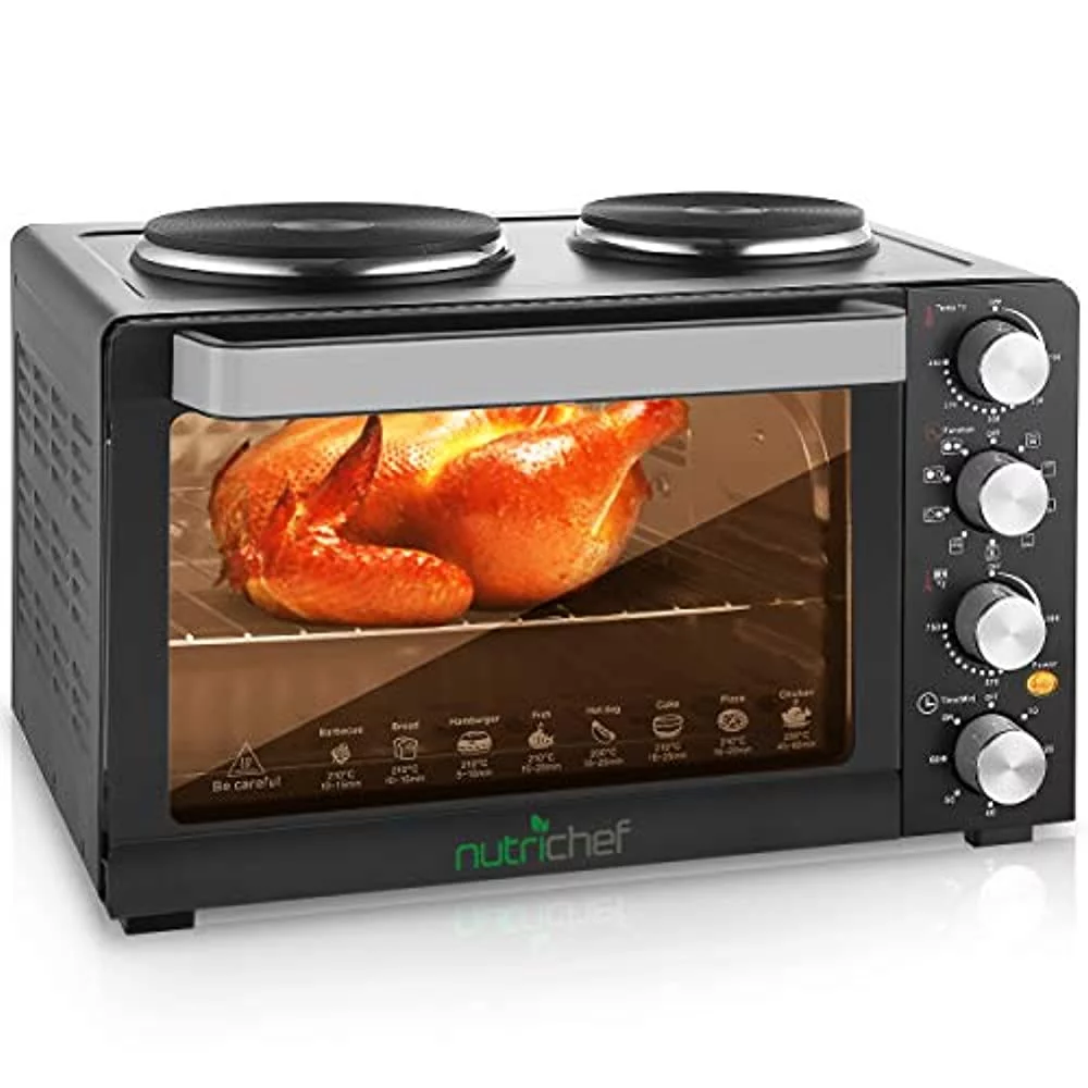 NutriChef 30 Quarts Kitchen Convection Oven - 1400 Watt Countertop Turbo, Rotisserie Roaster Cooker with Grill, Griddle Top Rack, Dual Hot Plates, Toaster, Baking Tray, Skewers and Handles - PKRTO
