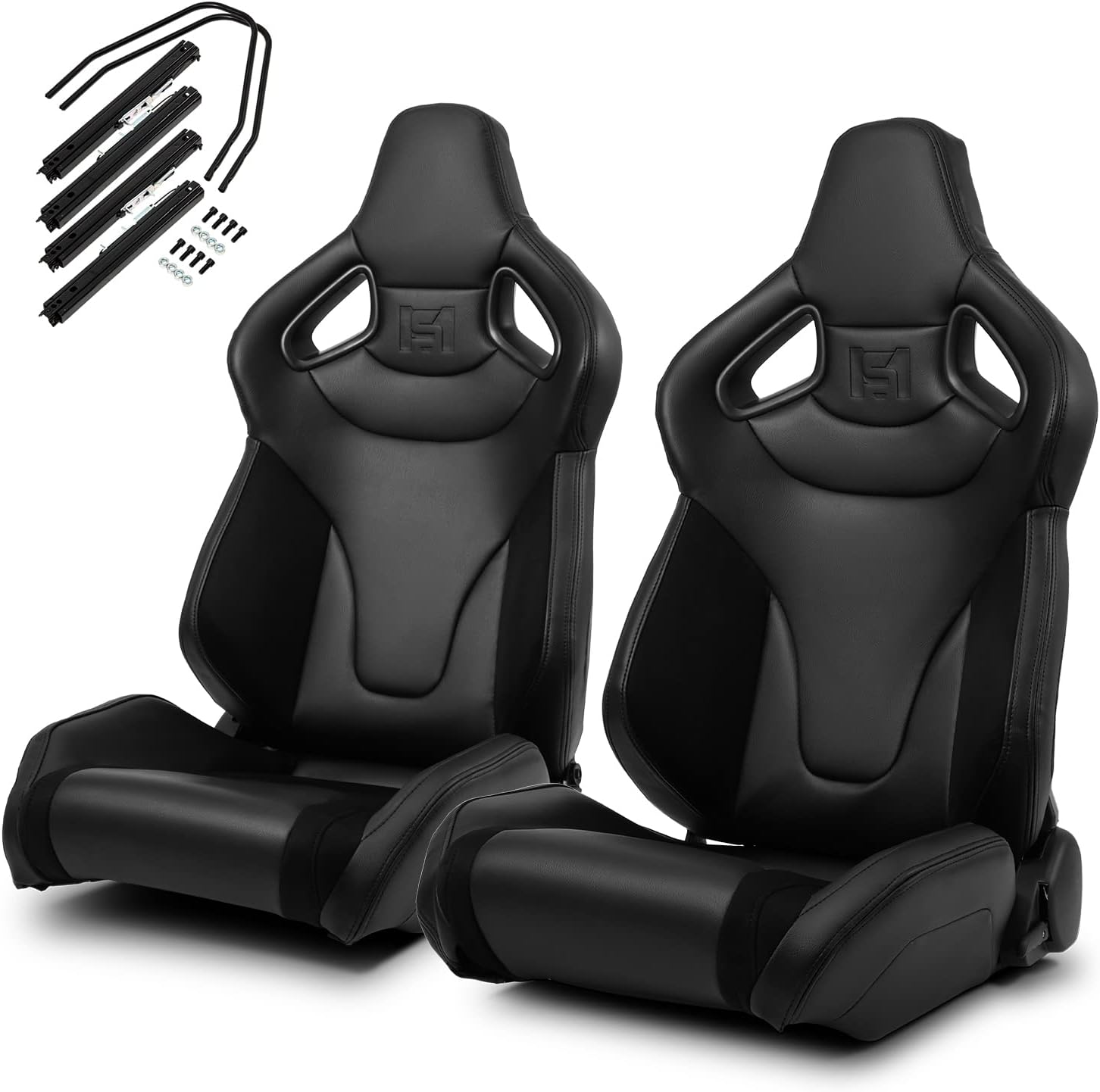 ModifyStreet 1 Pair Universal Black w/Red Stitching w/Carbon Fiber Leather PVC Reclinable C-Series Racing Seats W/Slider Left/Right
