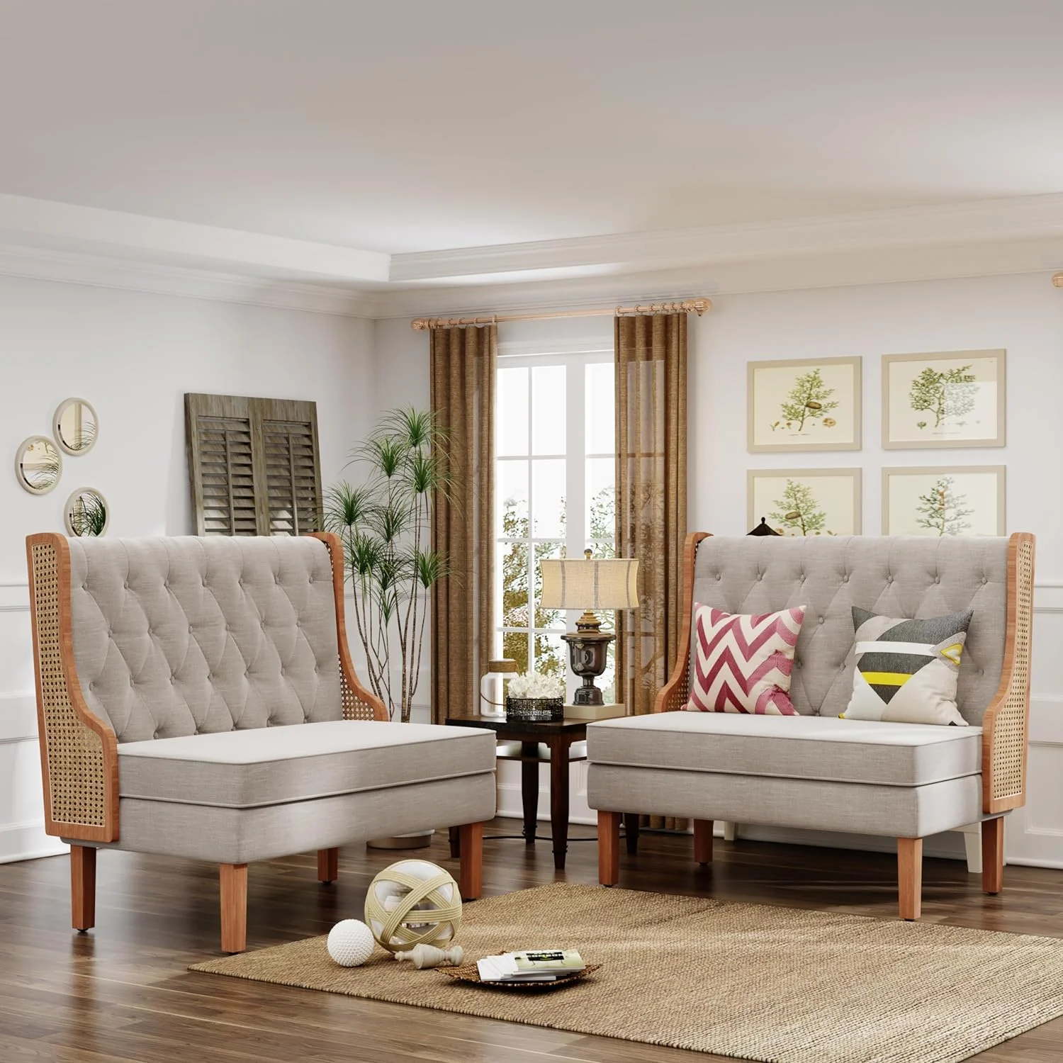 Loveseat Settee Bench with Natural Rattan Arms,Upholstered Modern High-Back Mini Sofa Couch,Banquette Dining Bench for Living Dining Room Bedroom Office Small Space Entryway,Light Grey