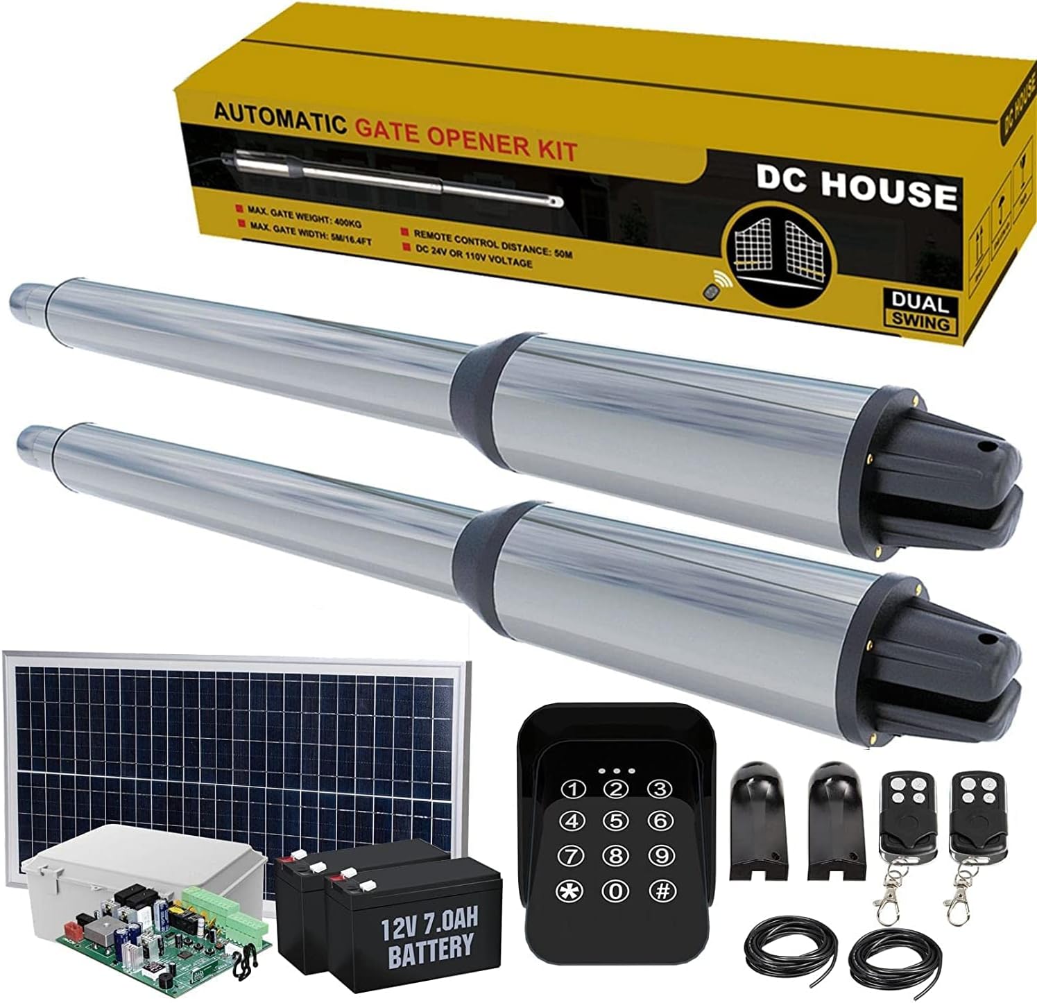 DC HOUSE 24V DC/AC Heavy-Duty Automatic Solar Dual Gate Opener Kit with Keypad + Car Sensor for Swing Gates Up to 16.4 Feet for Fences/Palisades/Agricultural/Driveway Gates | Subcontract Delivery