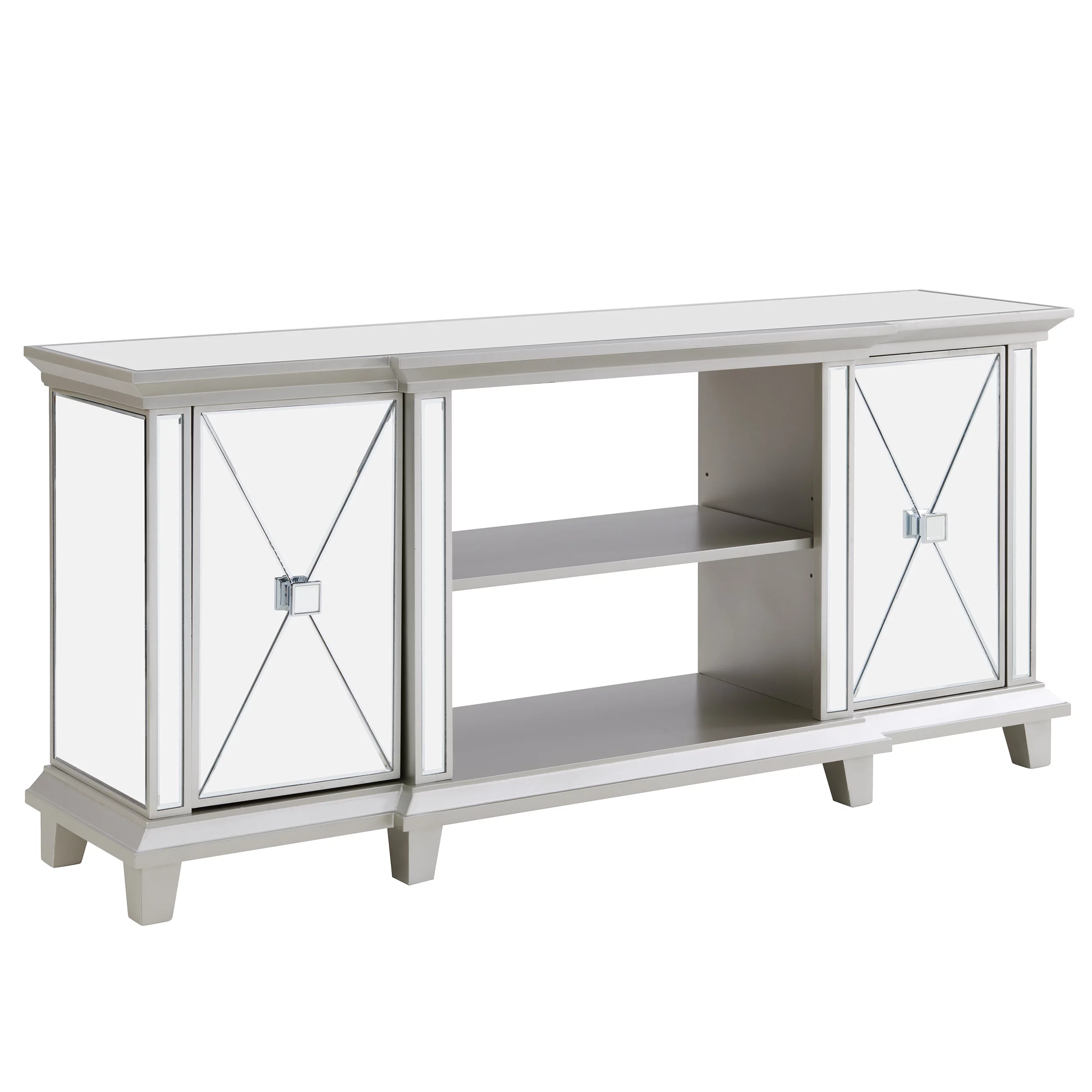 SEI Paddington Glam style Mirrored Media Console w/ Storage in Mirror and silver finish