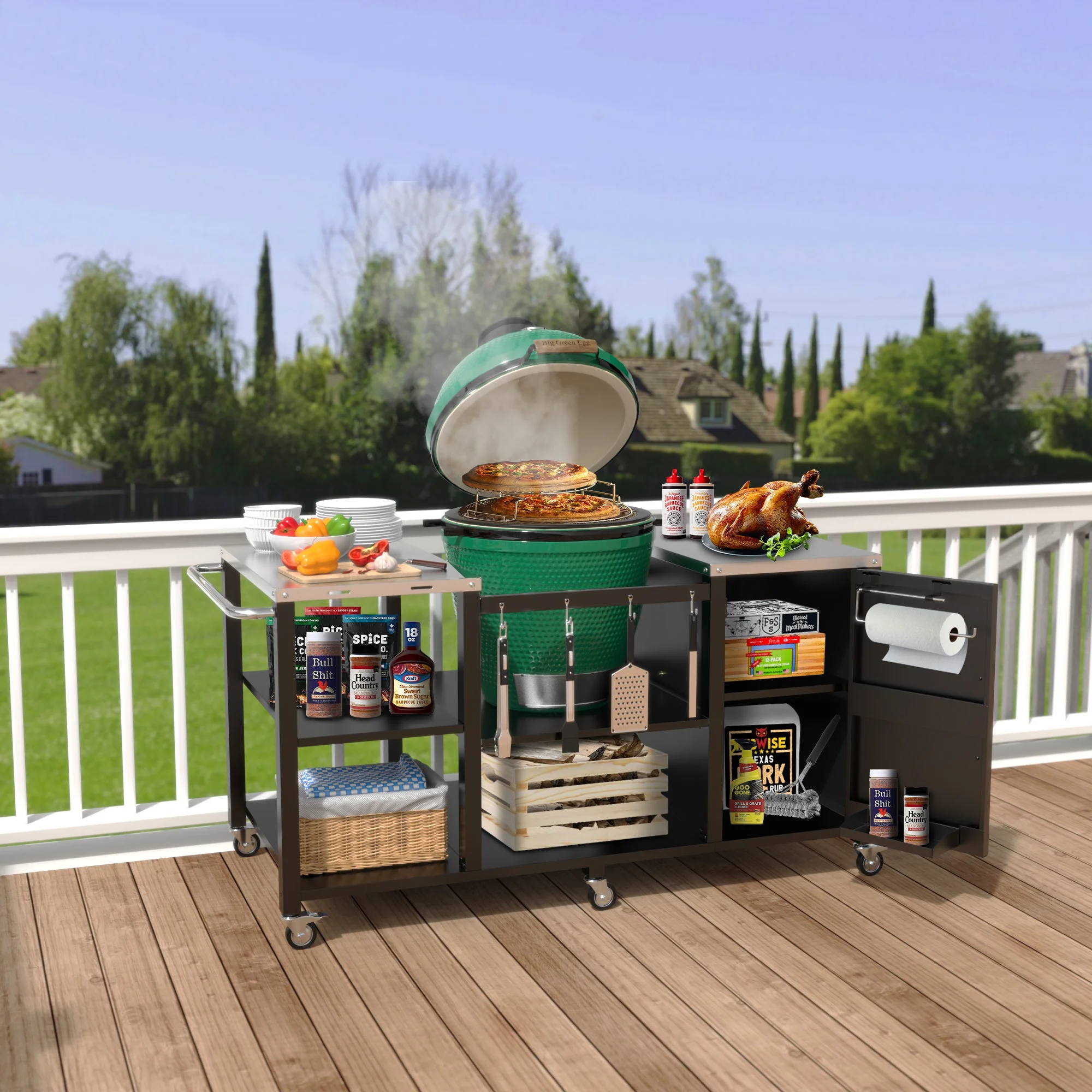 GDLF Table Compatible with Big Green Egg Grill Heavy Duty Metal Green Egg Stand with Accessories Storage