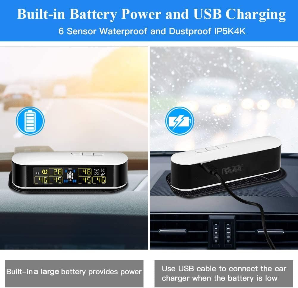 Tire Pressure Monitoring System TPMS,Blueskysea 6 External Sensors with Real-time Alarm Pressure Temperature LCD Color Screen For 4-6 Tires' Car RV Tow Trailer Pickup Truck Van (U8B6)
