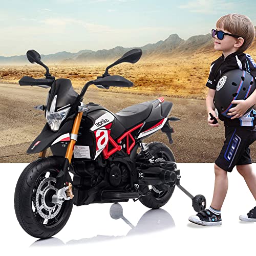 TOBBI 12V Aprilia Licensed Kids Ride-On Motorcycle Dirt Bikes for Kids with Training Wheels, Spring Suspension, Lights, Music Story USB MP3 (Red)