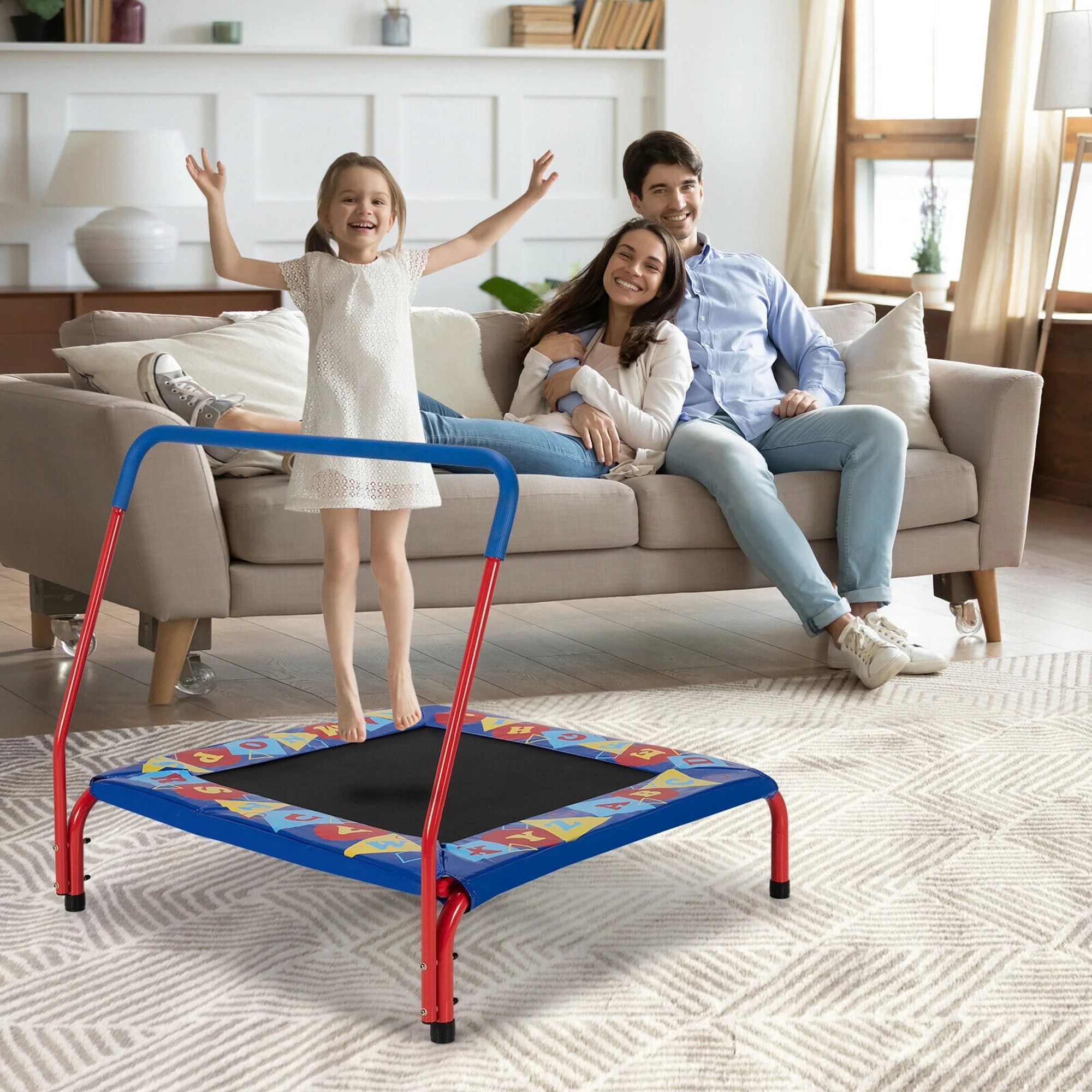 Gymax 36'' Kids Square Trampoline Indoor Outdoor Rebounder W/Foam Handrail Alphabet Pad