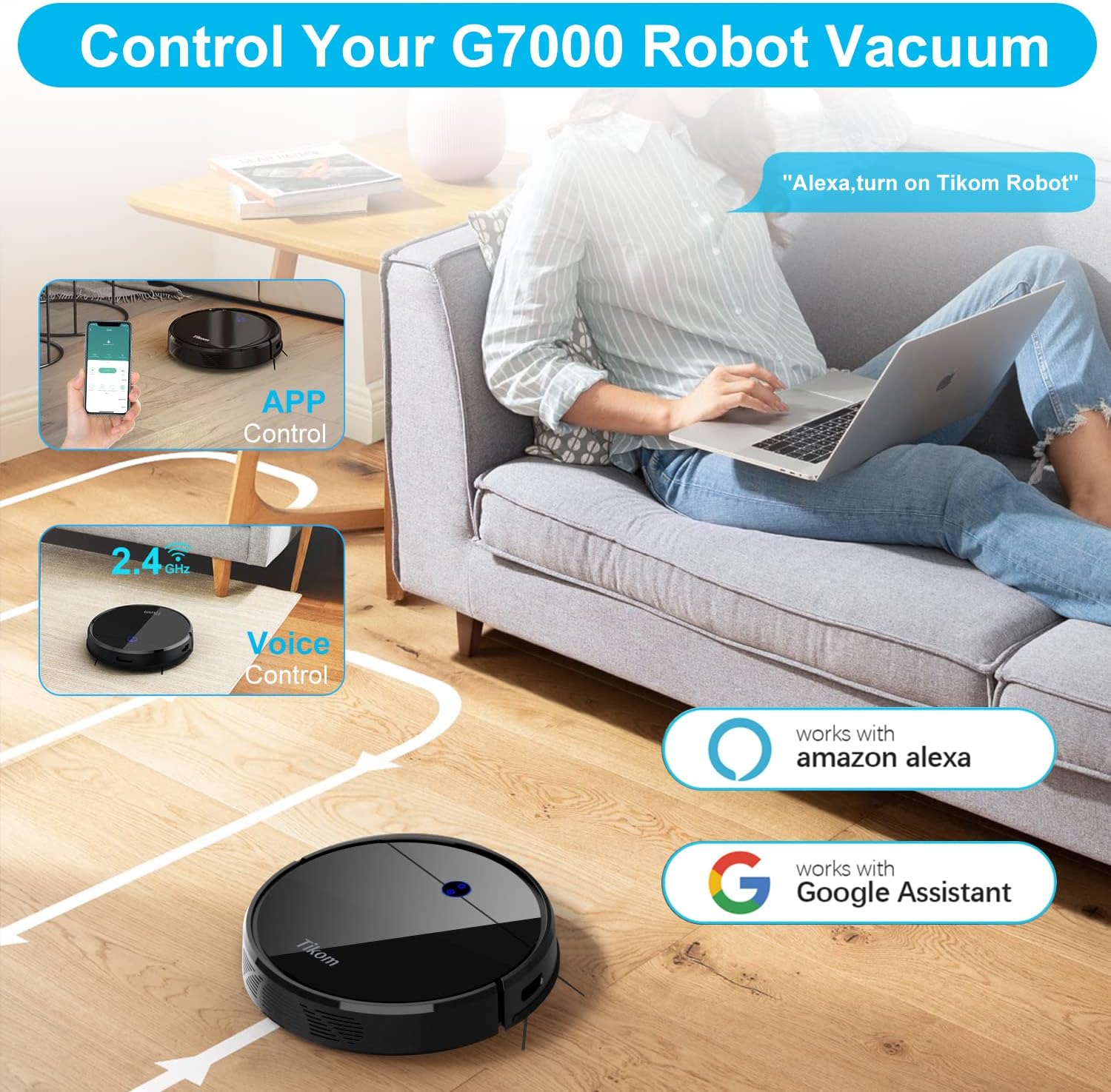 Tikom Robot Vacuum Cleaner, 2700Pa Robotic Vacuums with Self-Charging, Good for Pet Hair, Carpets, Hard Floors, Black