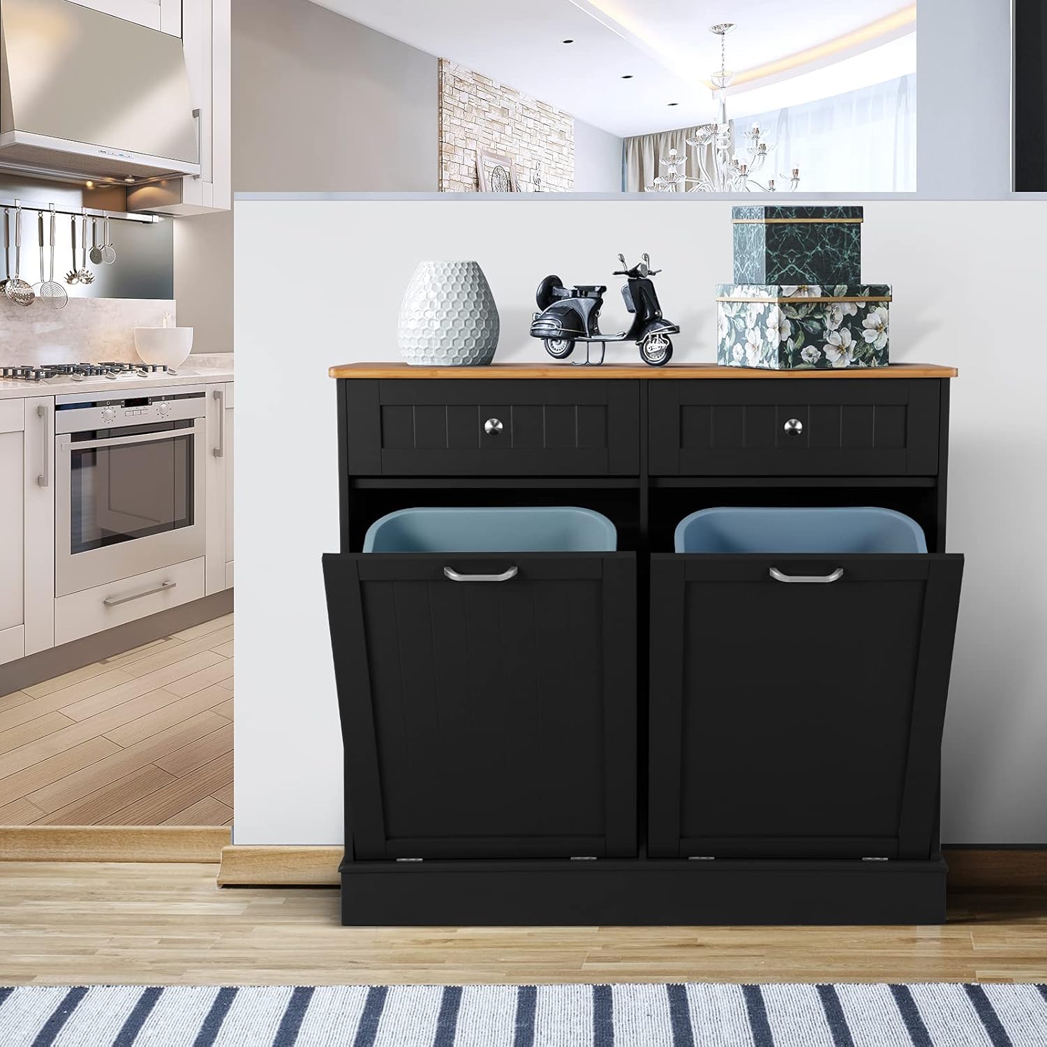 UEV Double Kitchen Trash Cabinets,Two Tilt Out Trash Cabinets with Solid Hideaway Drawers,Free Standing Wooden Kitchen Trash Can Recycling Cabinet Trash Can Holder (White)