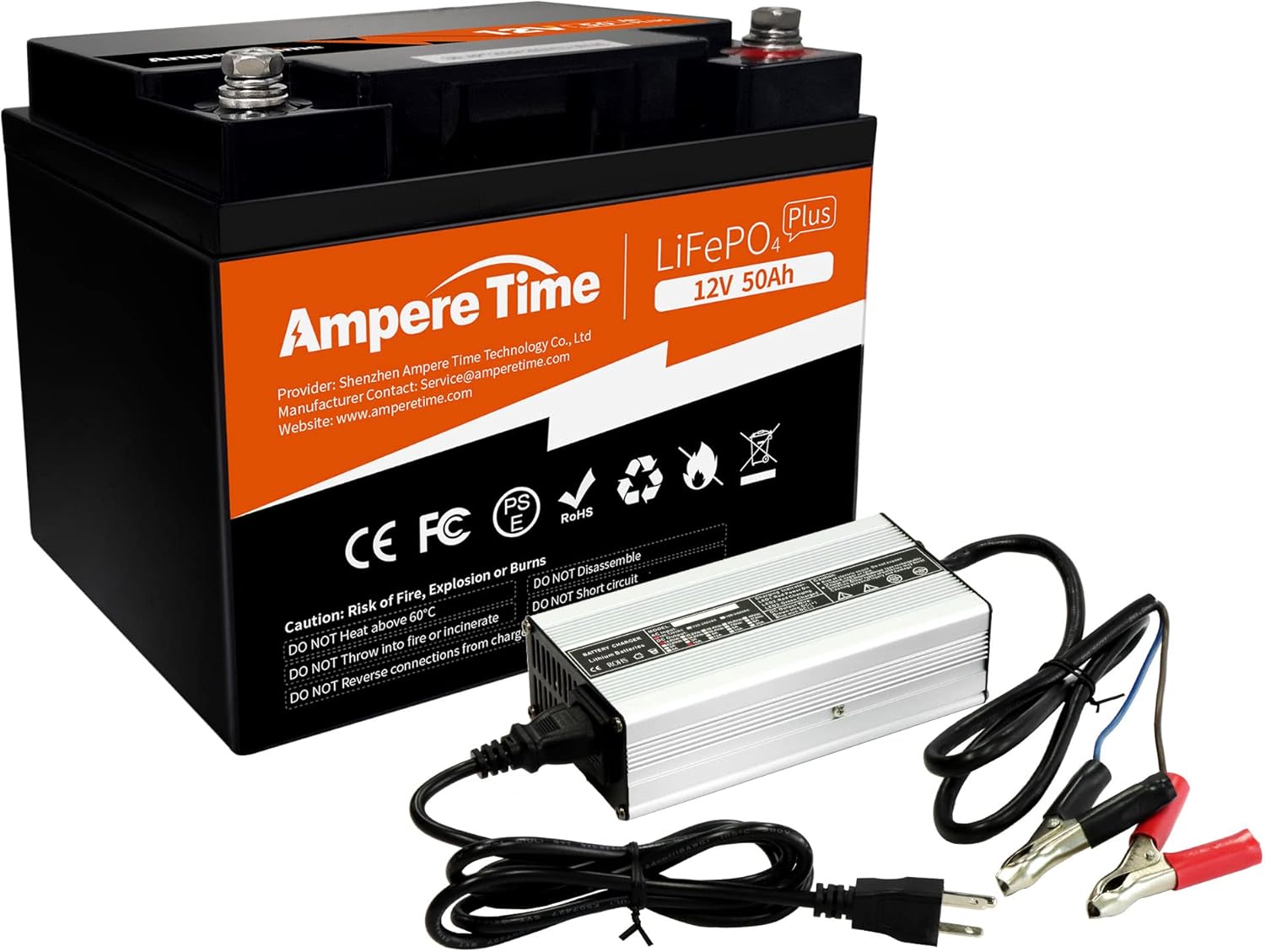Ampere Time 12V 50Ah LiFePO4 Battery with 14.6V 10A Dedicated Lithium Battery Charger; Built-in 50A BMS, 4000+ Cycles, for Bass Boats, Trolling Motors, Monitoring Device, RV, Solar application…