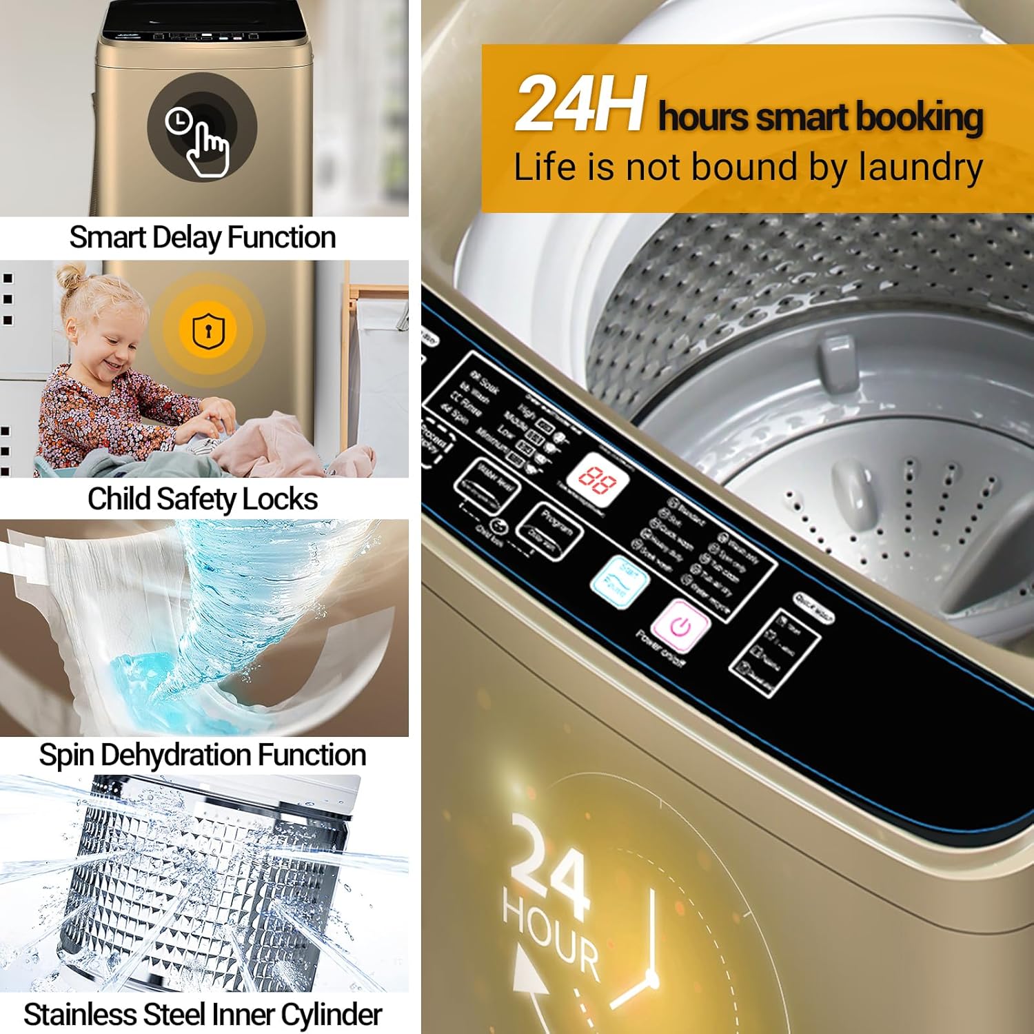 Portable Washing Machine, Full-Automatic Washing Machine 20lbs with Drain Pump, Compact Laundry Washer Spin Combo 10 Wash Program & 8 Water Levels, Portable Washer for Apartment Dorm RV(Gold)