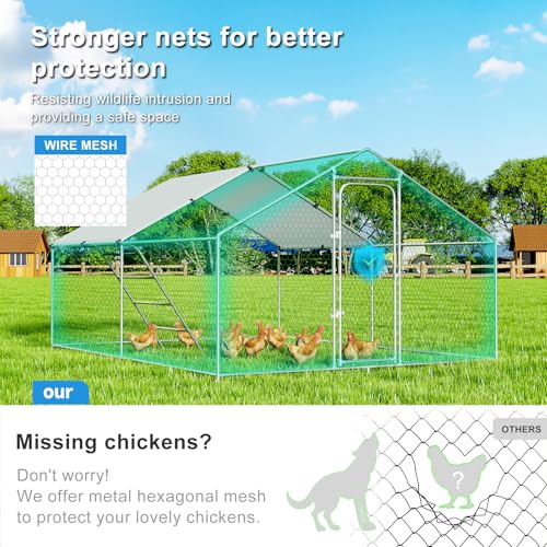 Large Metal Chicken Coop, Chicken Run Poultry Cage Hen with Water-Resident and Anti-UV Cover for Duck Rabbit House Outdoor Walk-in Chicken Pen for Yard, Dome Roof(10’ W x 19.7’ L x 6.4’ H)