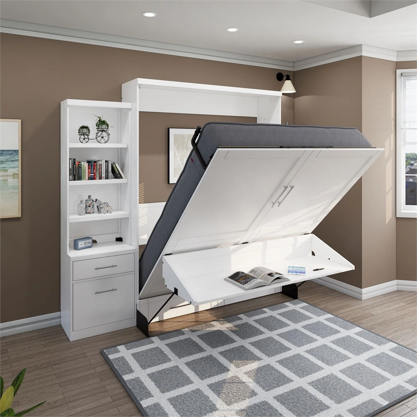 RoomAndLoft Queen Wood Murphy Wall Desk Bed & Shelf Storage in White